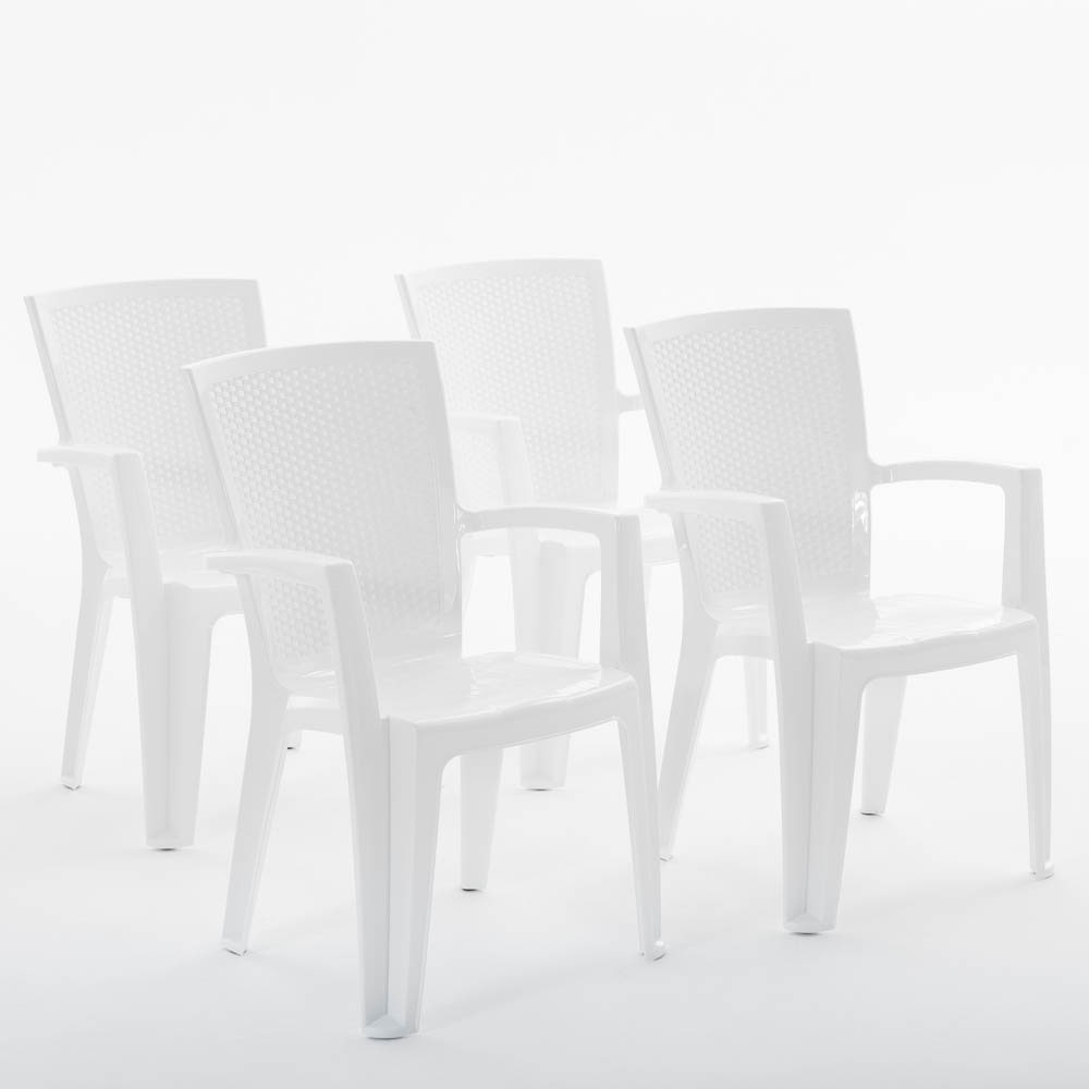 Set de 4 chaises monobloc en polypropylène avec fibre de verre, effet rotin, empilables pour extérieur et jardin, bar et restaurant - Diana - Blanc