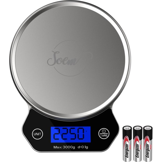 SOEM® Keukenweegschaal Digitaal - Precisie Weegschaal keuken 0,1 - 6kg - Tarra Functie - Inclusief Batterijen - RVS/Zwart