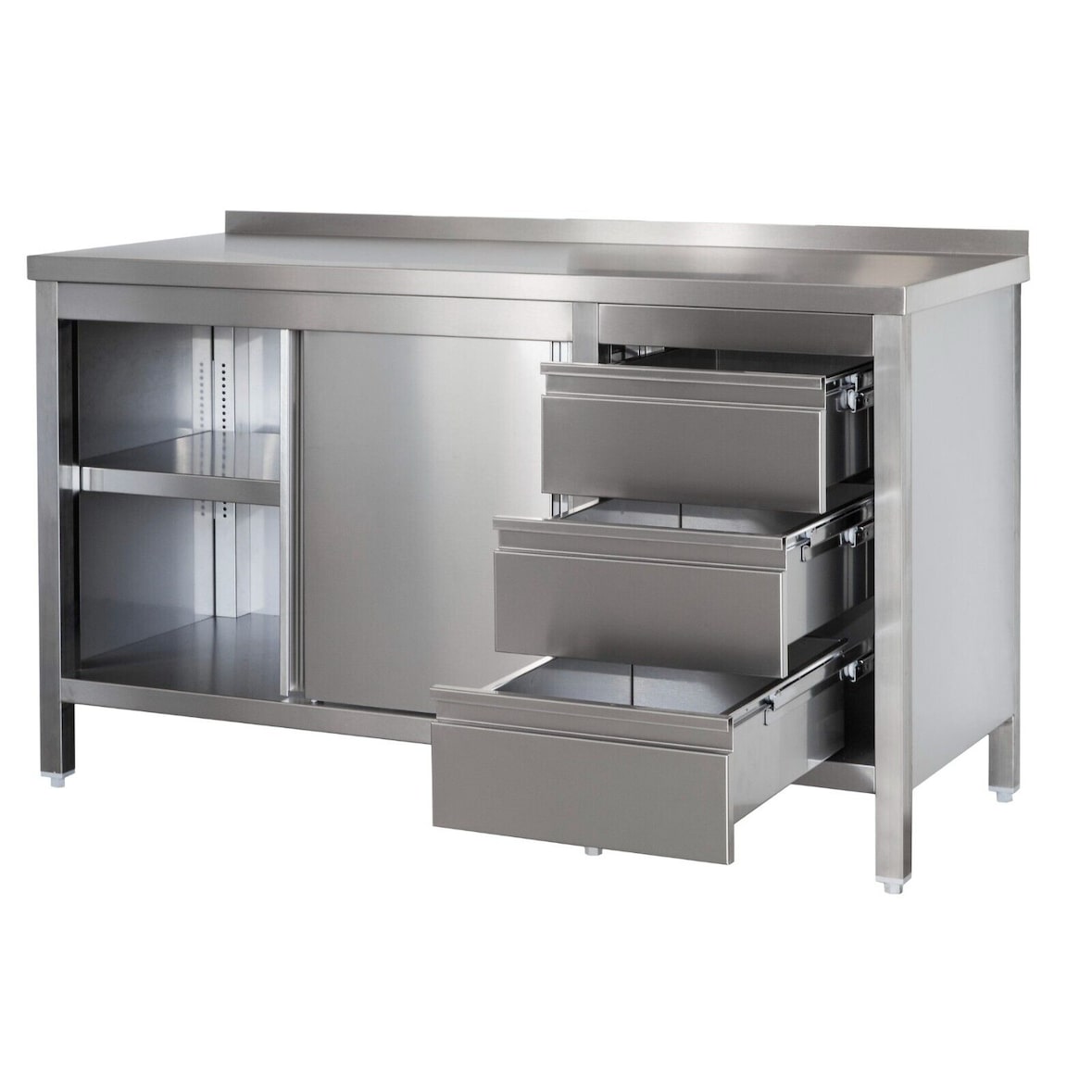 Gastro Arbeitsschrank mit Grundboden, Flügeltüren, Schubladen rechts, Aufkantung & Zwischenboden Chromstahl (BxT) 1000 x 800 mm