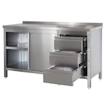 thumbnail of Gastro Arbeitsschrank mit Grundboden, Flügeltüren, Schubladen rechts, Aufkantung & Zwischenboden Chromstahl (BxT) 1000 x 800 mm