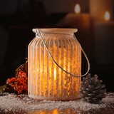 thumbnail of Windlicht für Teelichter geriffeltes Glas Metallhenkel H: 14,5cm weiß gold