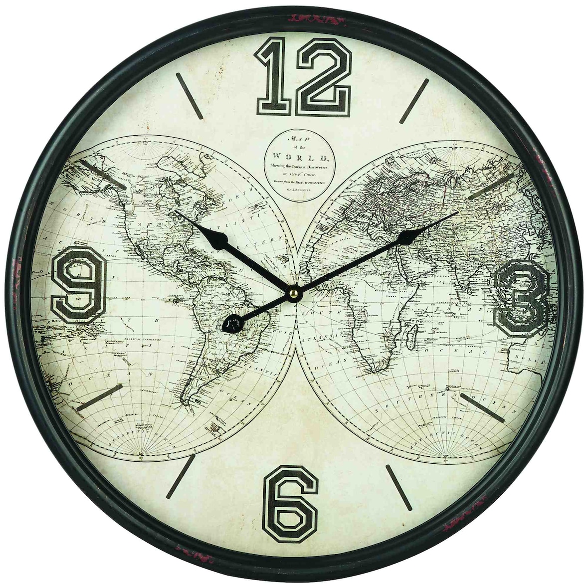 Wanduhr Weltkarte Analog Metall rund Ø 50 cm schwarz Vintage