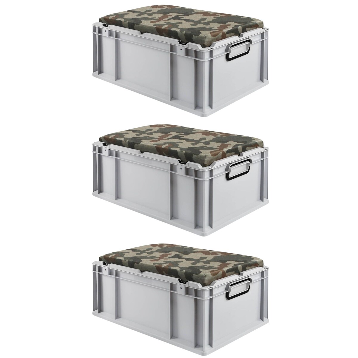 PROREGAL Mega Deal 3x Eurobox NextGen Seat Box Camouflage | HxBxT 26,5x40x60cm | 44 Liter | Griffe geschlossen | Eurobehälter, Sitzbox