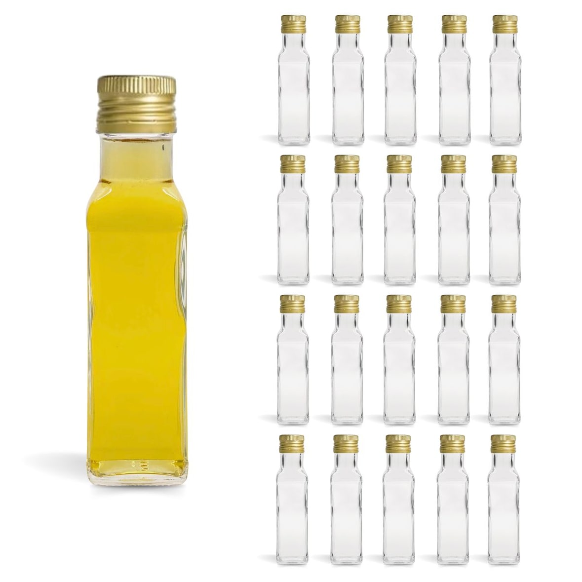 20 mini glazen flessen 100ml met zwarte schroefdeksel voor olie, azijn, alcohol, sauzen en monsters