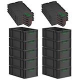 thumbnail of PROREGAL SuperSparSet 10x Eurobox NextGen Color mit Scharnierdeckel & Verschlüssen, HxBxT 22x40x60cm, 44L, Schwarz, Griffe grün zu, Eurobehälter
