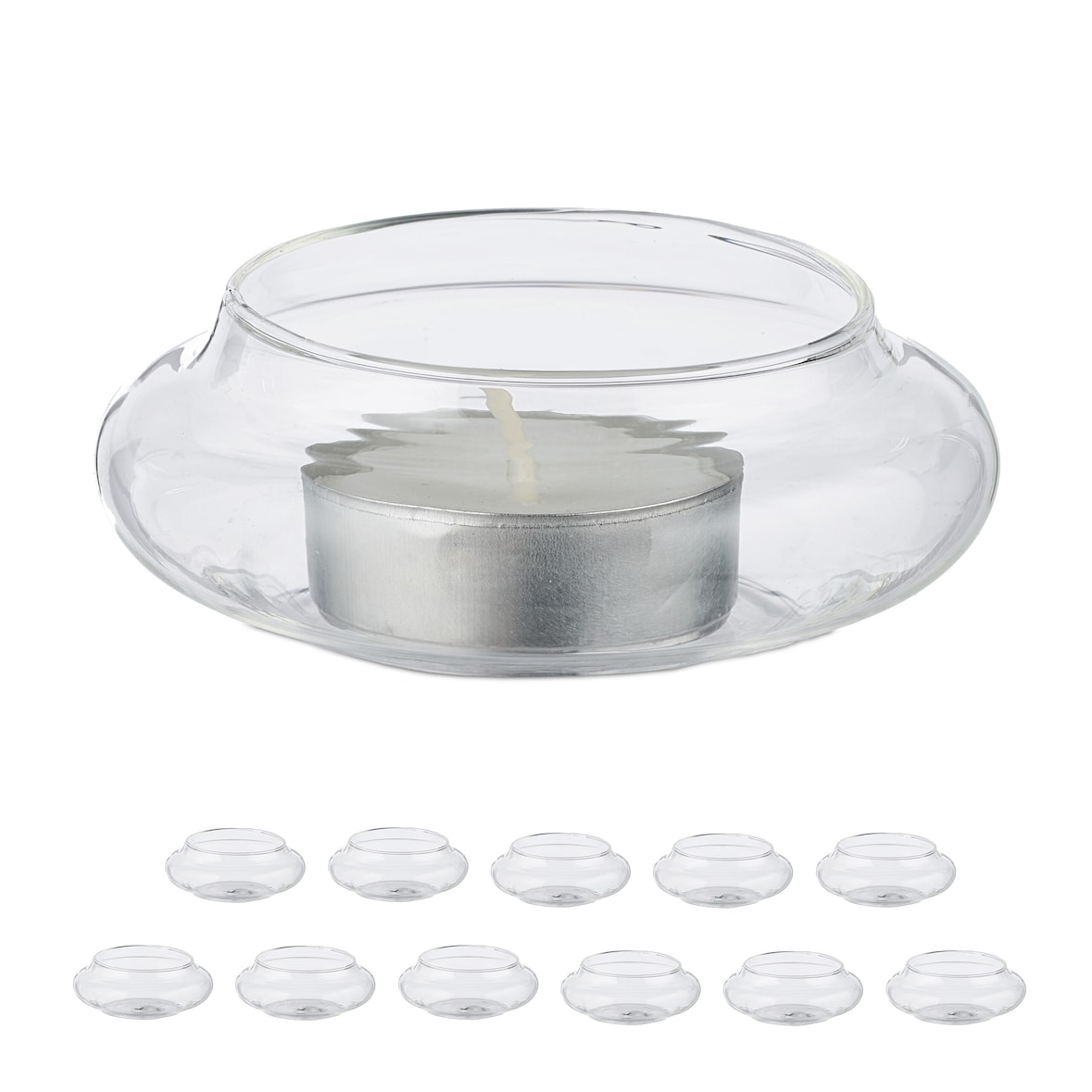 Relaxdays Teelichthalter schwimmend, 12er Set, Glas, Tischdeko Hochzeit, Pool & Teich, Schwimmteelichter, transparent