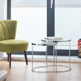 thumbnail of Relaxdays Satztische rund, Chromgestell, 2er Set, modernes Design - Milchglas, Couchtisch Metall, Beistelltische, silber