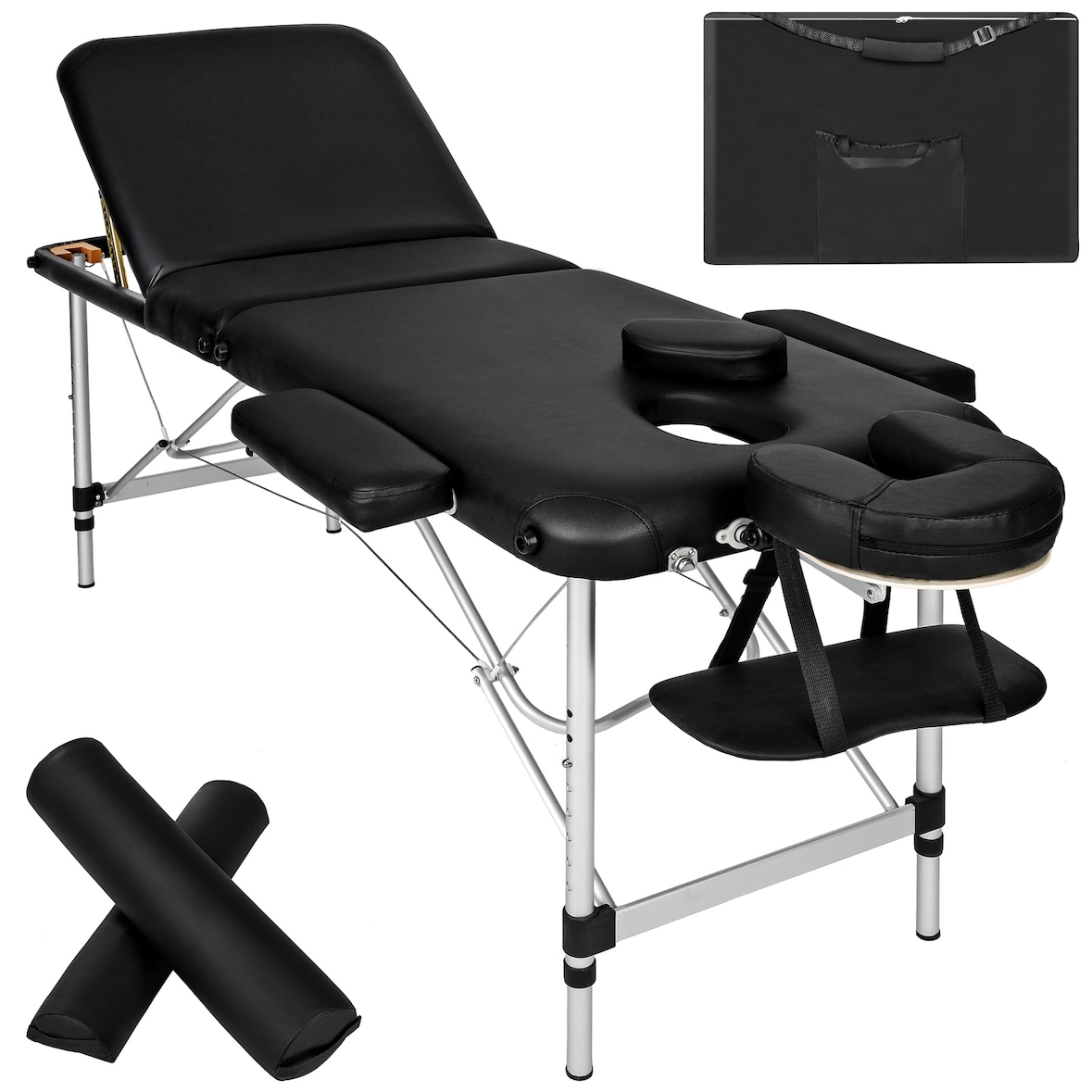 3 Zonen Massageliege-Set mit 5cm Polsterung, Rollen und Aluminiumgestellschwarz