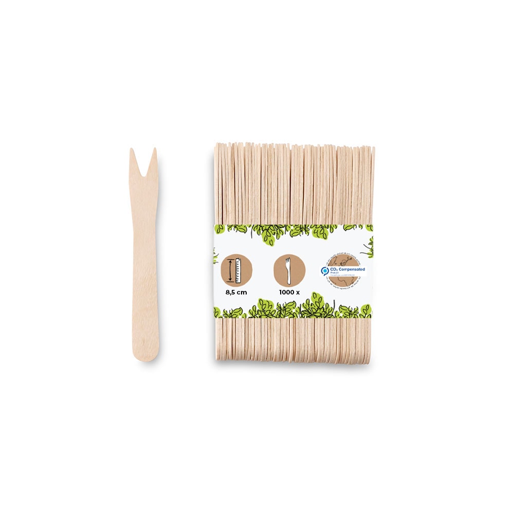 BIOZOYG 1000 Stück Einweg Pommesgabeln 8,5cm Pommesgabeln Pommespieker Holz, Einwegbesteck für Pommes Frites, biologisch abbaubares Holzbesteck