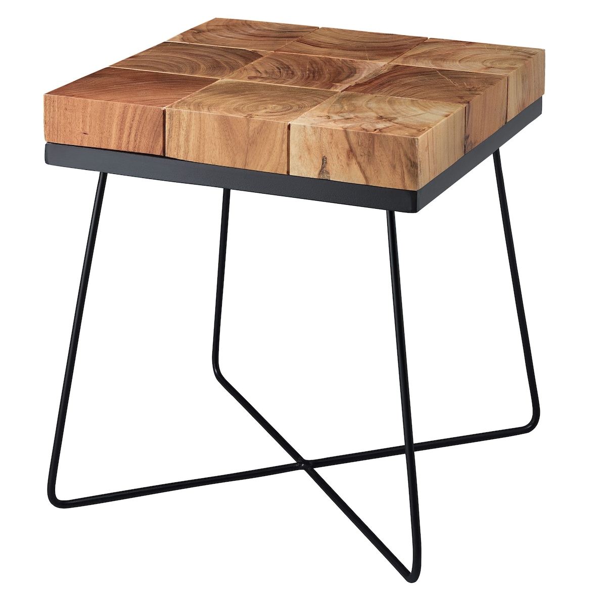 Beistelltisch 45 x 45 x 51 cm Akazie Massivholz mit Metallgestell, Industrial Anstelltisch Quadratisch Massiv Holz Tisch Braun, Wohnzimmertisch
