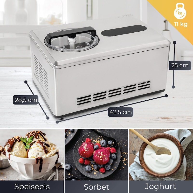 KLAMER 2-in-1 Eismaschine & Joghurtbereiter 2 L, 220 W Eiscrememaschine aus Edelstahl mit Kühl- und Heizfunktion, hausgemachtes Speiseeis mit selbstk…