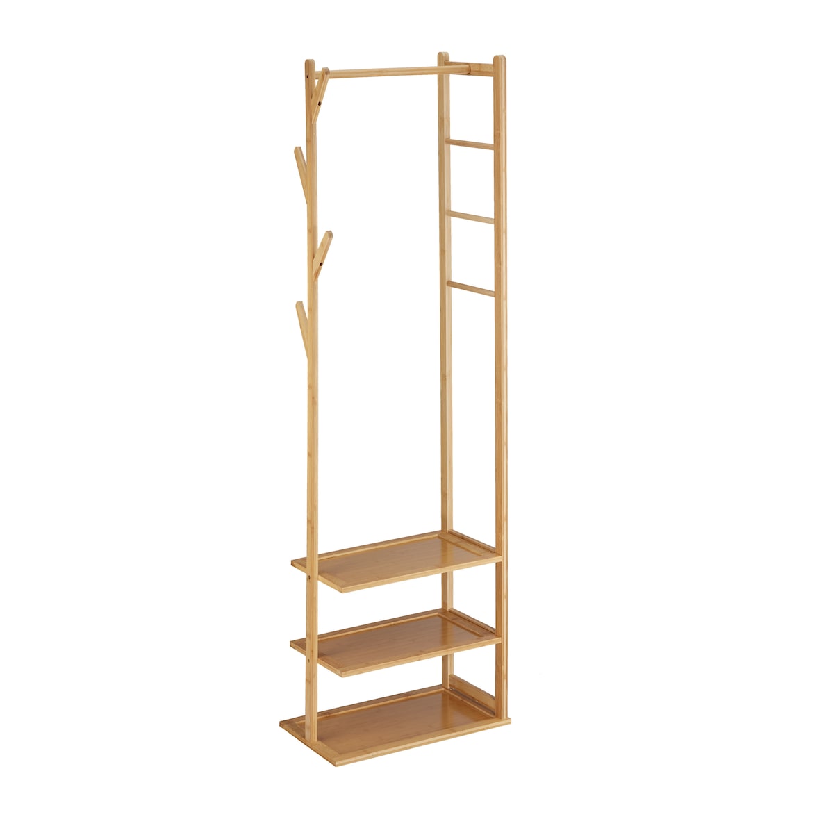 Relaxdays Kleiderständer Bambus & MDF, Garderobenständer, HBT 164 x 49 x 28 cm, 3 Ablagen, 4 Haken, Kleiderstange, natur