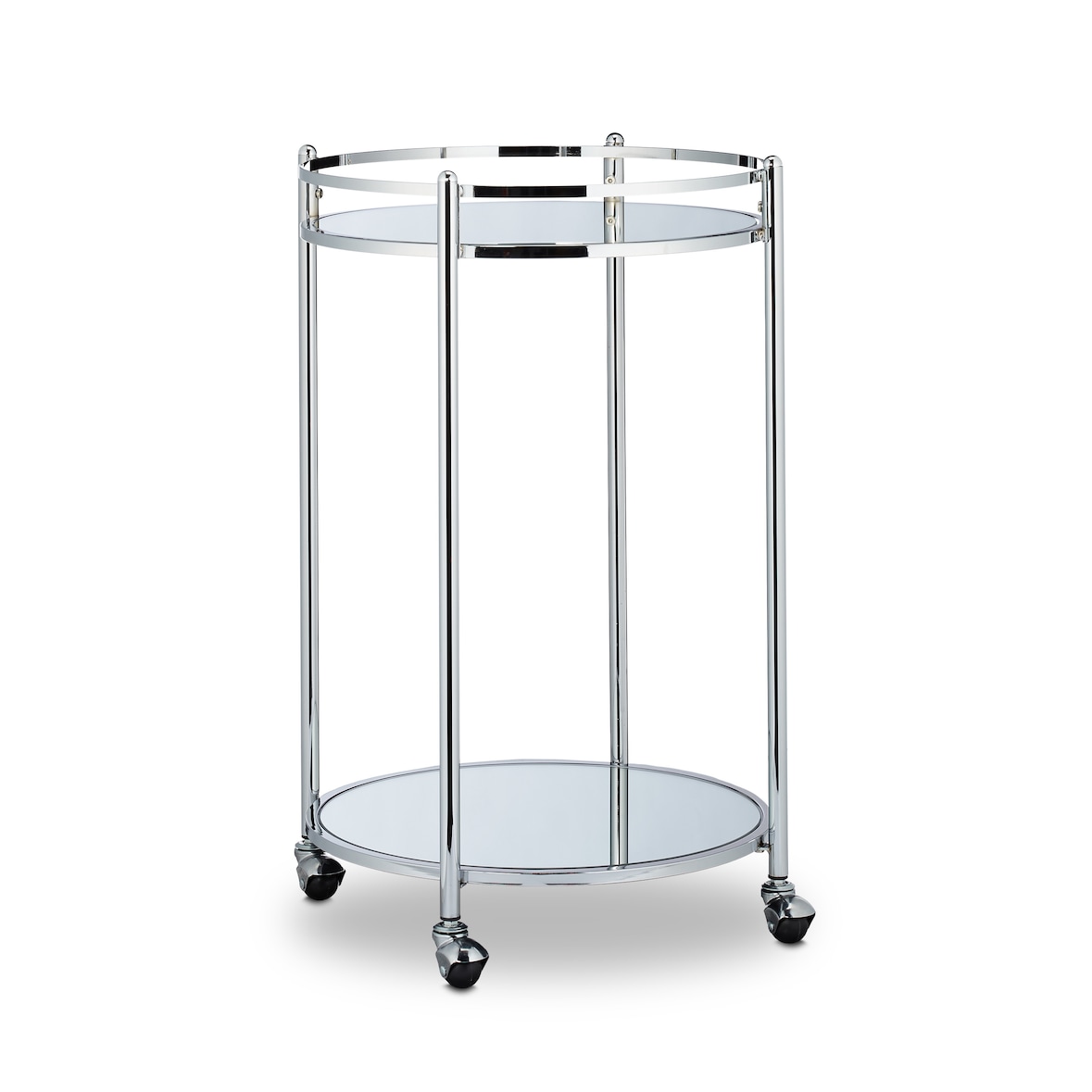 Relaxdays Servierwagen rund, Barwagen mit 2 Etagen, Stahl, verspiegelte Ablagen, Teewagen mit Rollen, 75 x 50 cm, silber
