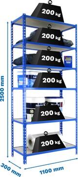 thumbnail of SimonRack Schwerlastregal 2500x1100x300 mm, 6 Ebenen, Holzböden, 200 kg Tragkraft pro Ebene, Blau - Maderclick