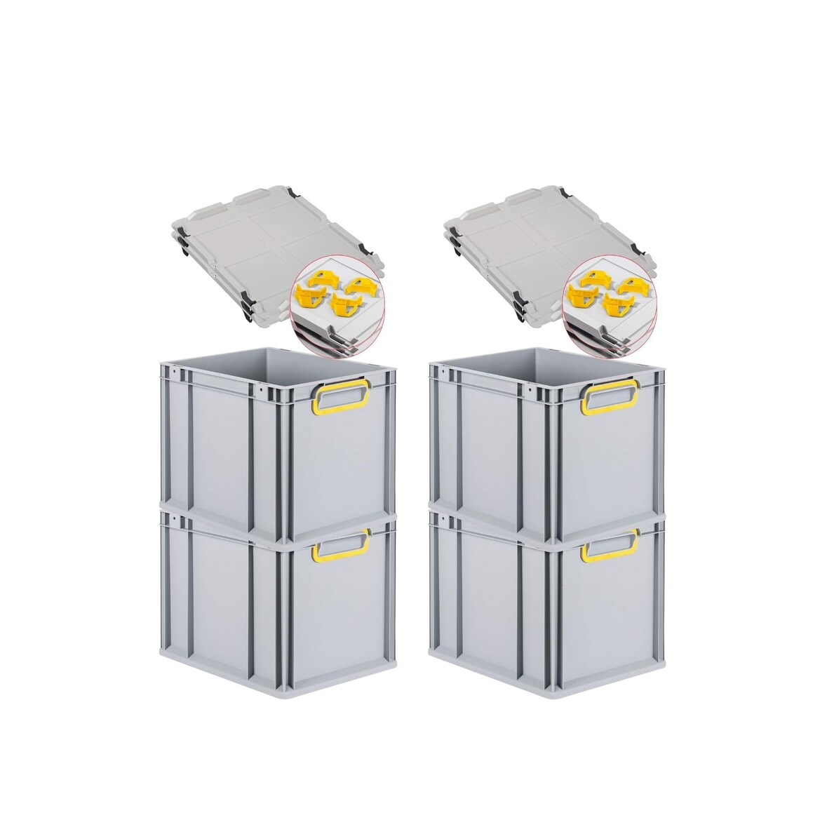 PROREGAL SuperSparSet 4x Eurobox NextGen Color mit Auflagedeckel & Verschlüsse, HxBxT 32x30x40cm, 30L, Grau, Griffe gelb zu, Eurobehälter, Box