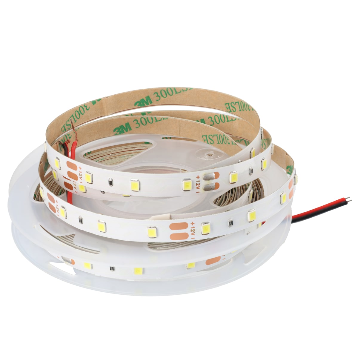 Fita LED 5 metros 12V IP20, Luz Quente 3000K, 300 LEDs, SMD2835, Base Adesiva 3M de Alta Qualidade, Corte 5 Centímetros