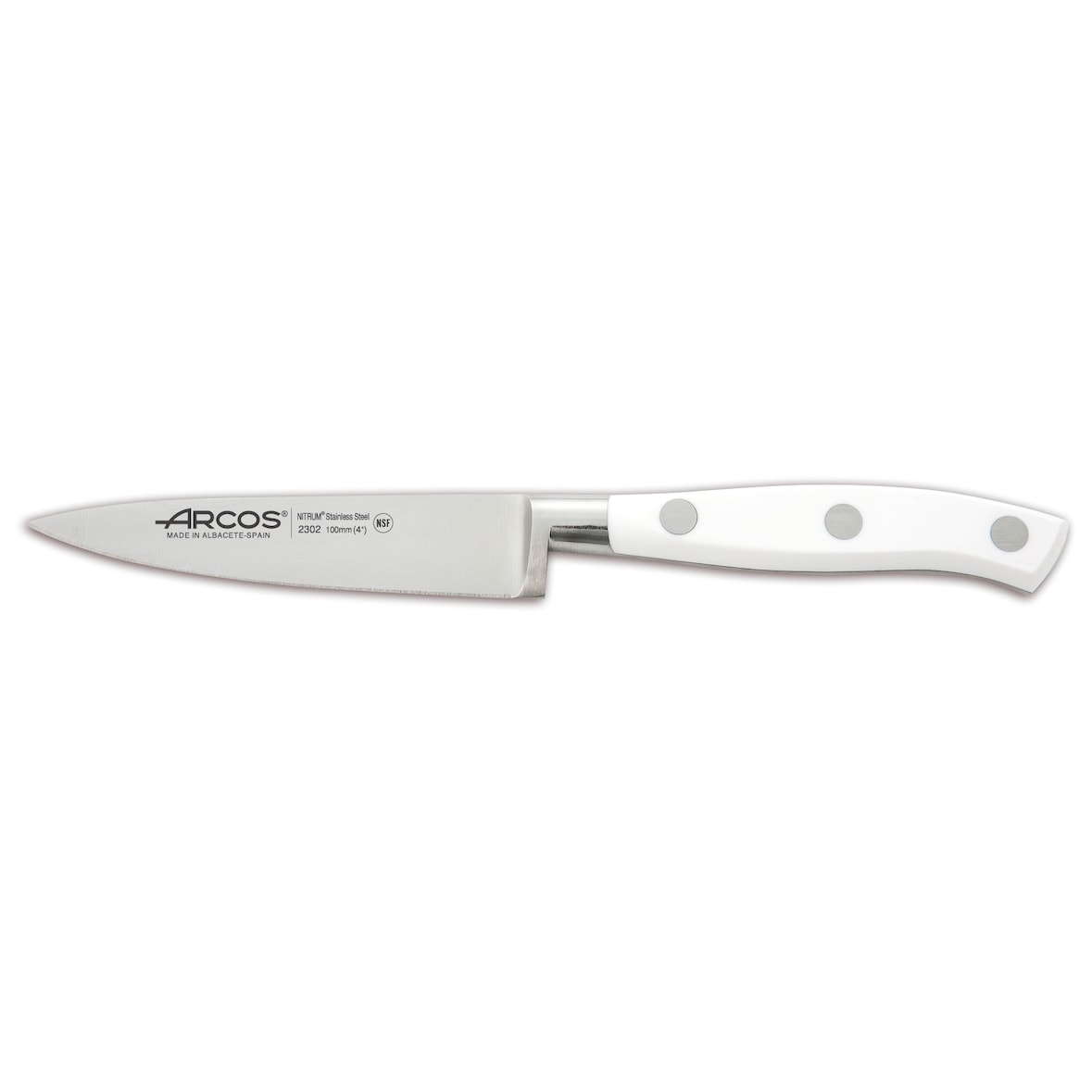 Arcos Cuchillo Mondador, Hoja de Acero Inoxidable Forjado NITRUM 100 mm, Mango de Polioximetileno (POM), Color Blanco