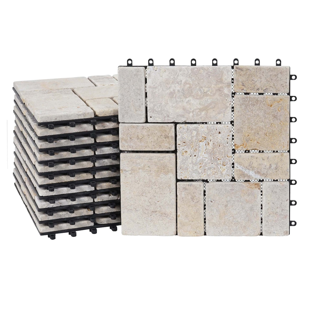 Steinfliese HWC-K70, Bodenfliese Steckfliese Balkon/Terrasse Naturstein, 11x je 30x30cm = 1m² ~ weiß