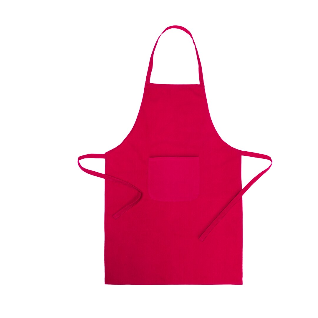 Schürze mit Tasche, verstellbaren Bändern an der Taille und Schnitt unterhalb des Knies. Rot