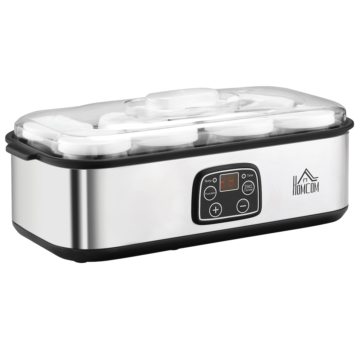 HOMCOM Yogurtera 25W 1,44L con 8 Tarros de Vidrio de 180 ml Termostato Ajustable Temporizador de 1-48 Horas y Apagado Automático 36x18,8x14 cm
