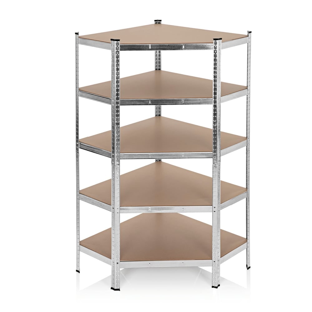 EASYmaxx Schwerlast-Eckregal mit 5 belastbaren Holzböden 40x90x180cm silber/holzfarben