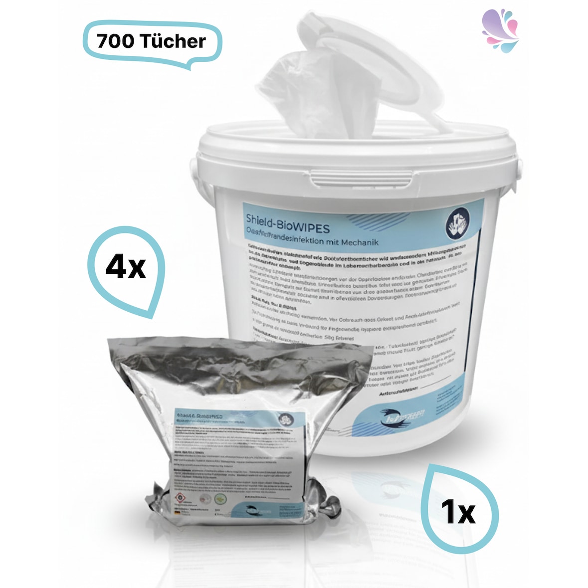 Desinfektionsmitteltücher im Eimer, 700 Tücher getränkt in Desinfektion ALKOHOLISCH (1 Eimer inkl. 5 Rollen je 140 Tücher)