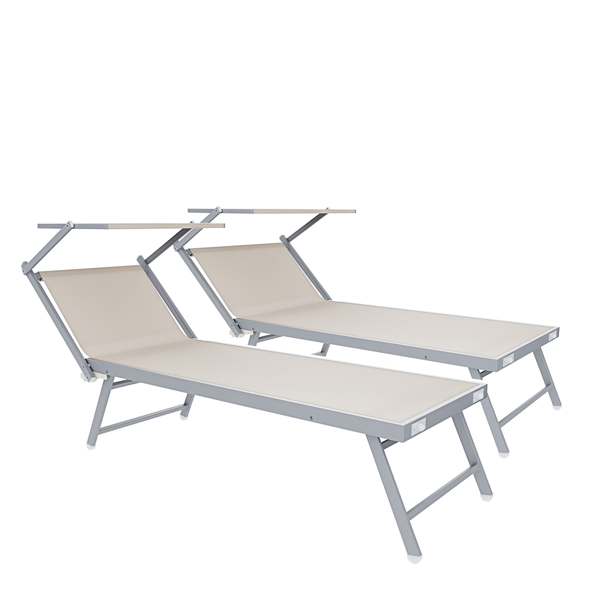 Coppia Di Lettini Prendisole Pieghevole Professionale in Alluminio e Tessuto Textilene Tettuccio Parasole Sdraio Mare Spiaggia 182x60x38 cm Beige