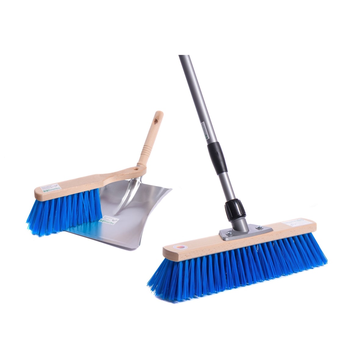 Blue-Star Besen Komplett SET 40 cm Breit mit blauen Borsten und Teleskopstiel Handfeger Kehrschaufel Stiel Straßenbesen