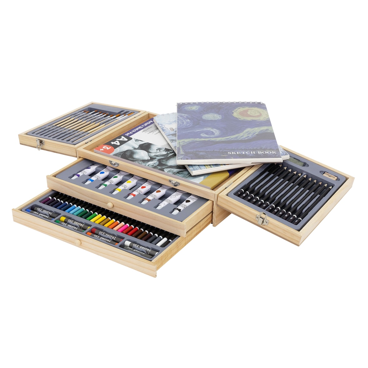 ECD Germany Malset Koffer 85-teilig – Künstler-Set mit Acrylpad & 3 Zeichenblöcken, Holzkiste, Malkasten, Kunstbedarf für Einsteiger & Profis
