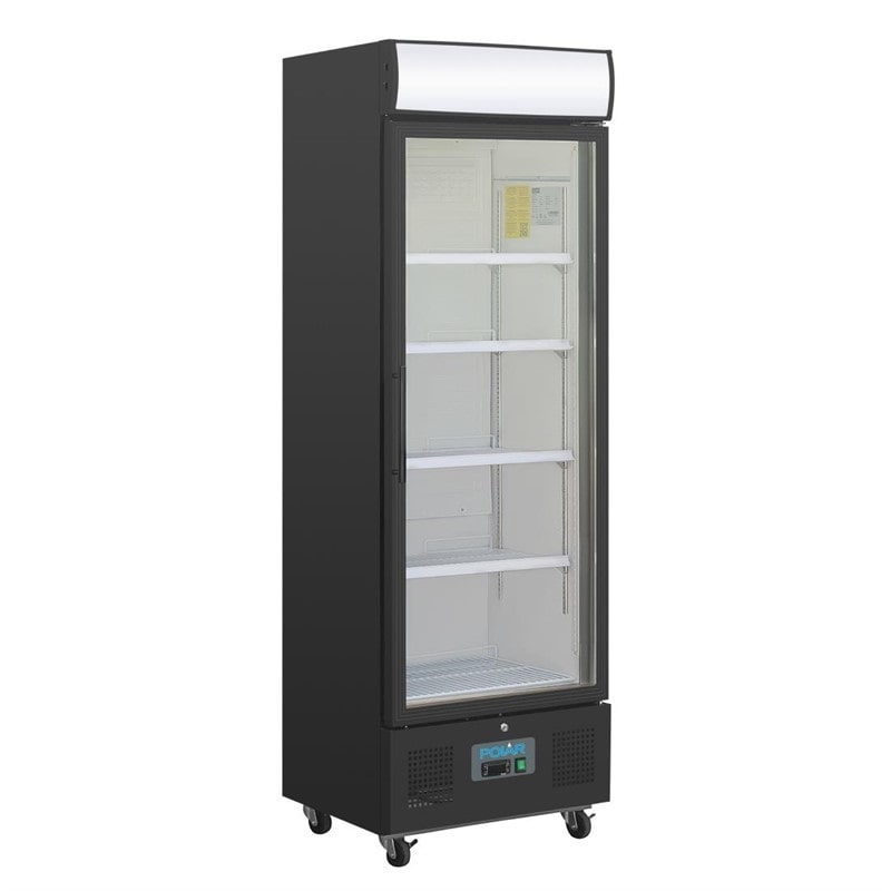 Frigorífico expositor de bebidas com painel iluminado, preto, com porta de vidro, com fechadura, 368L Polar GH427
