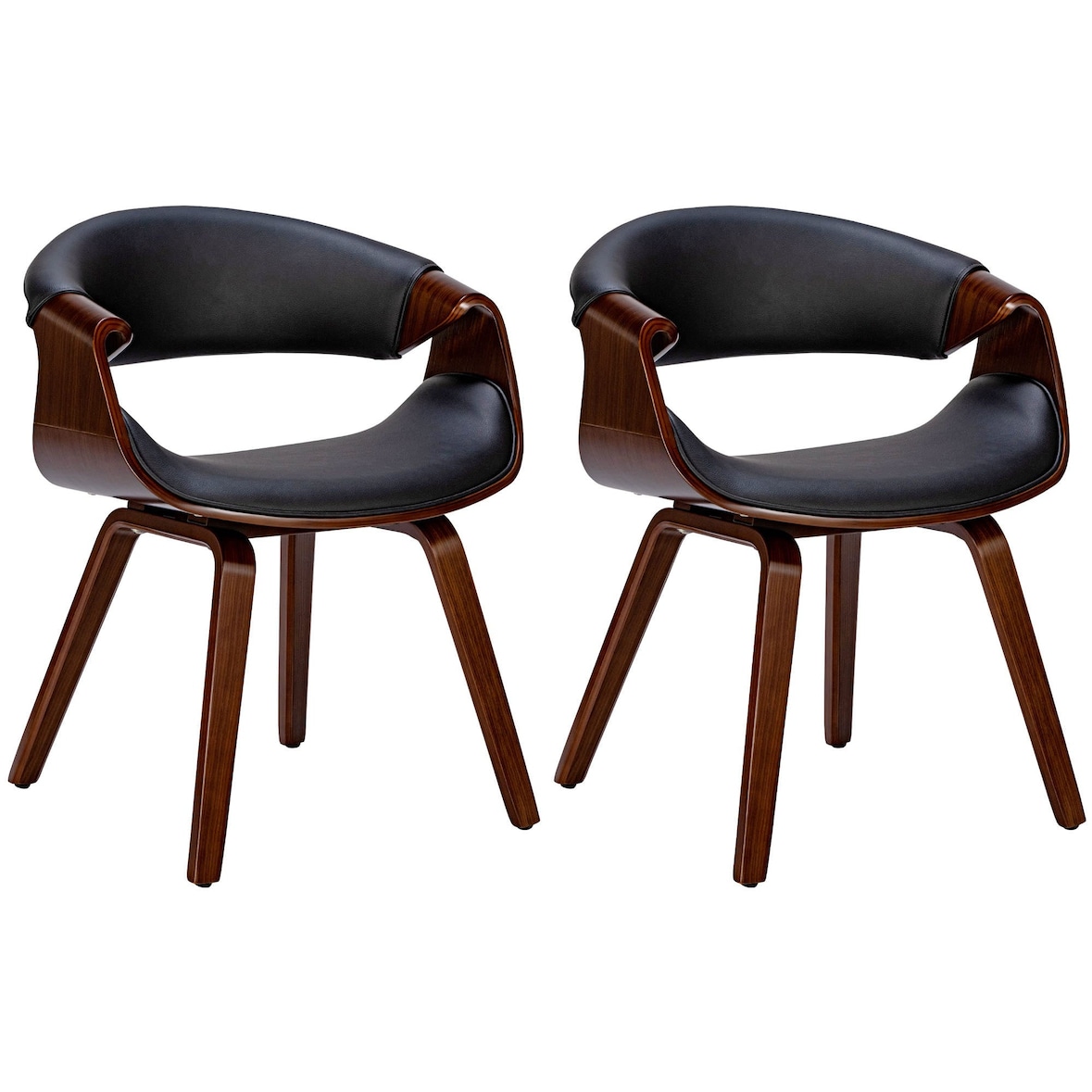 Décoshop26 - Set van 2 retro design eetkamerstoelen met walnootkleurig houten frame en zwarte PVC zitting 10_0001539