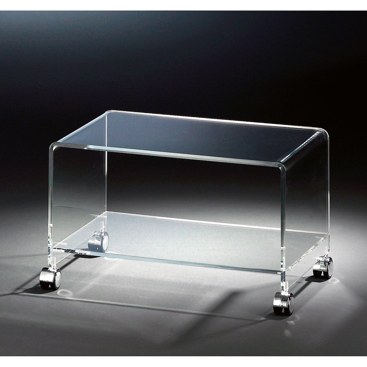 Hochwertiger Acryl-Glas TV-Wagen / TV-Tisch mit 4 verchromten Rollen, klar, 63 x 38 cm, H 38 cm, Acryl-Glas-Stärke 10 / 12 mm