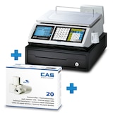 thumbnail of CAS Système d'encaissement balance portée 6/15kg, échelon 2/5g + tiroir caisse et carton de 20  bobines Tickets, conforme à la loi fiscale