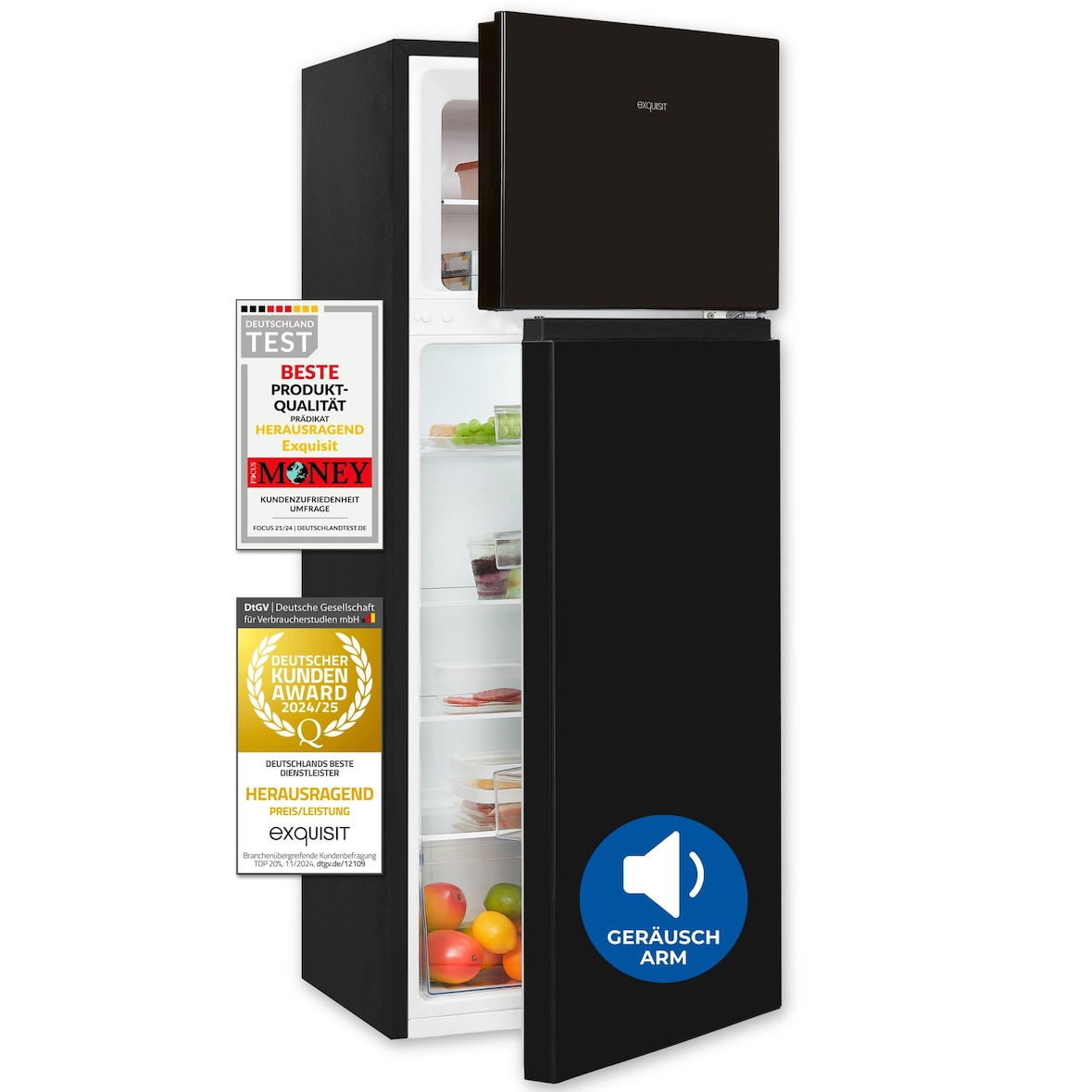 Exquisit Kühl-Gefrierkombination, Kühlschrank mit Gefrierfach, 4-Sterne-Gefrieren, 206 Liter, KGC5270-45-010E schwarz