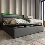 thumbnail of Hydraulisches Polsterbett mit LED-Beleuchtung, Fernbedienung, großem Stauraum, modernes Funktionsbett, PU-Material 160 × 200, Grau