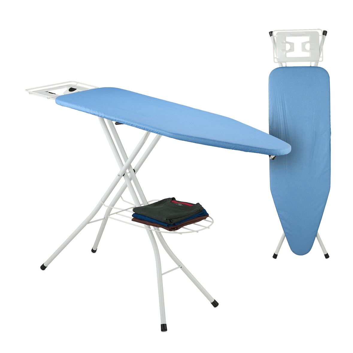 Relaxdays Bügelbrett für Dampfbügeleisen, 120 x 38 cm, höhenverstellbar, klappbar, Kleiderablage, Bügeltisch, blau