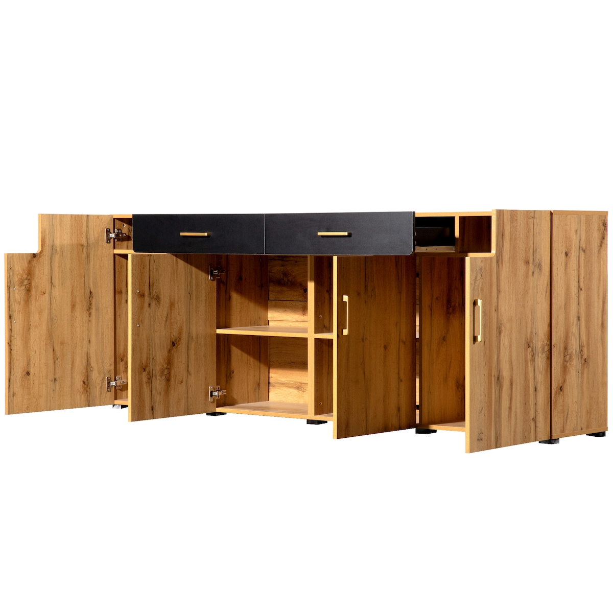 OKWISH Sideboard 80x40x208cm mit 2 Schubladen 4 Türen, Aufbewahrung, TV-Schrank, Holz-MDF, Metallgriffe, stabil, modern, braun