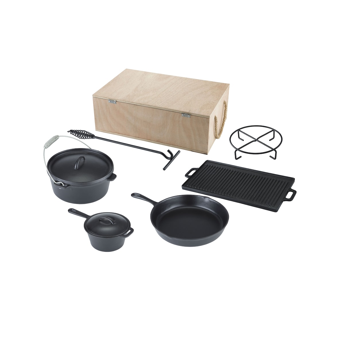 Tarrington House BBQ Set de cocottes, fonte Emmaillie/bois FSC, pot à feu : 4.26 L, plaque de gril, lève-couvercle, noir, 7 pièces