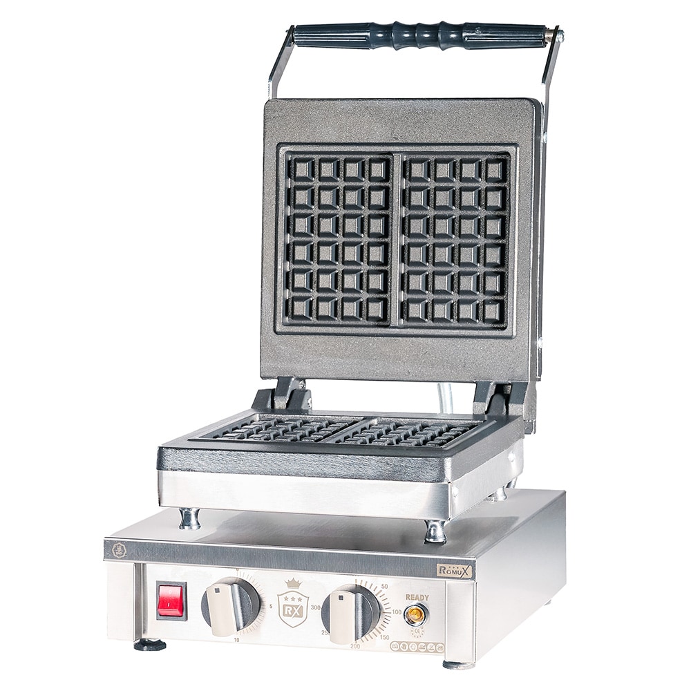 Romux® Gaufrier Électrique Professionnel Simple de Table en Acier Inox 33x33 cm | Plaques de Cuisson en fonte en Fonte - 4 Gaufres Carrées - 2000 W