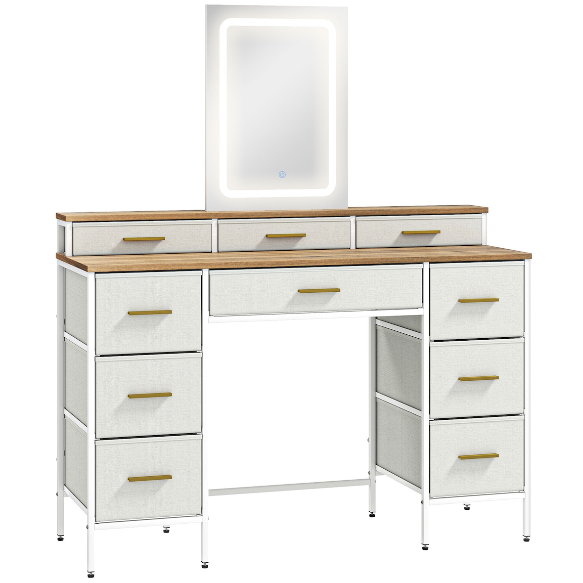 HOMCOM tocador con luces LED de 3 colores, tocador de maquillaje con espejo, mesa de maquillaje con 10 cajones de tela, patas de acero, natural