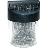 thumbnail of Magnetdose klar/schwarz,  mit 100 Briefklammern, 26mm, vernickelt, runde Dose