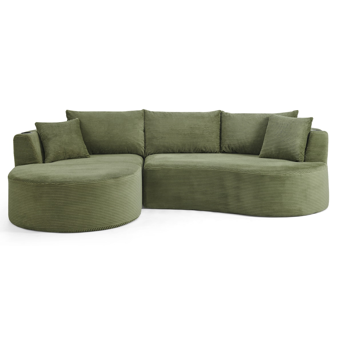 Ecksofa 3-Sitzer mit linker Chaiselongue Kordstoff Grün 76×264×168 cm mit Getränkehaltern und Kissen Kompressionssofa vakuumverpackt