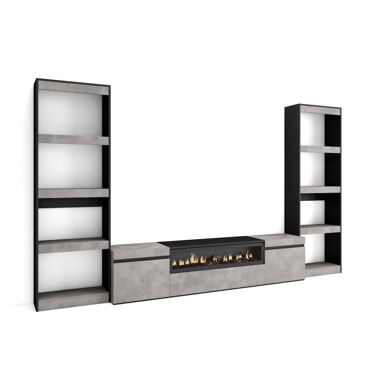 Conjunto de móveis TV, Mobiliário sala de estar, 320x35x186cm, Para televisores até 80", Lareira eléctrica, Estilo moderno, Cimento _ 96_28