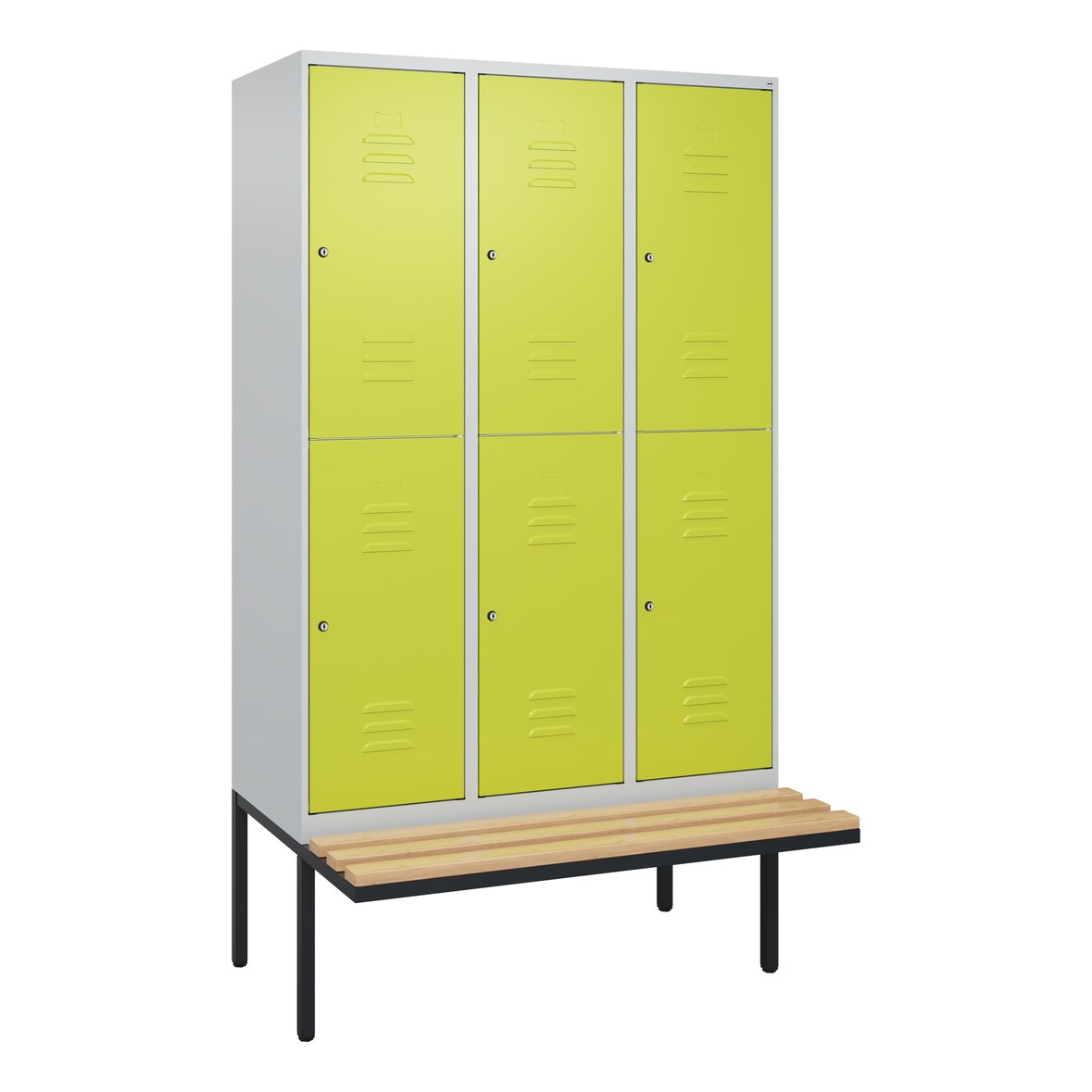C+P Spind Classic PLUS, Buche schwebende Sitzbank, 6 Abteile, HxBxT 212x120x82cm, Zylinderschloss, Hellgrau/Clowngrün von PROREGAL