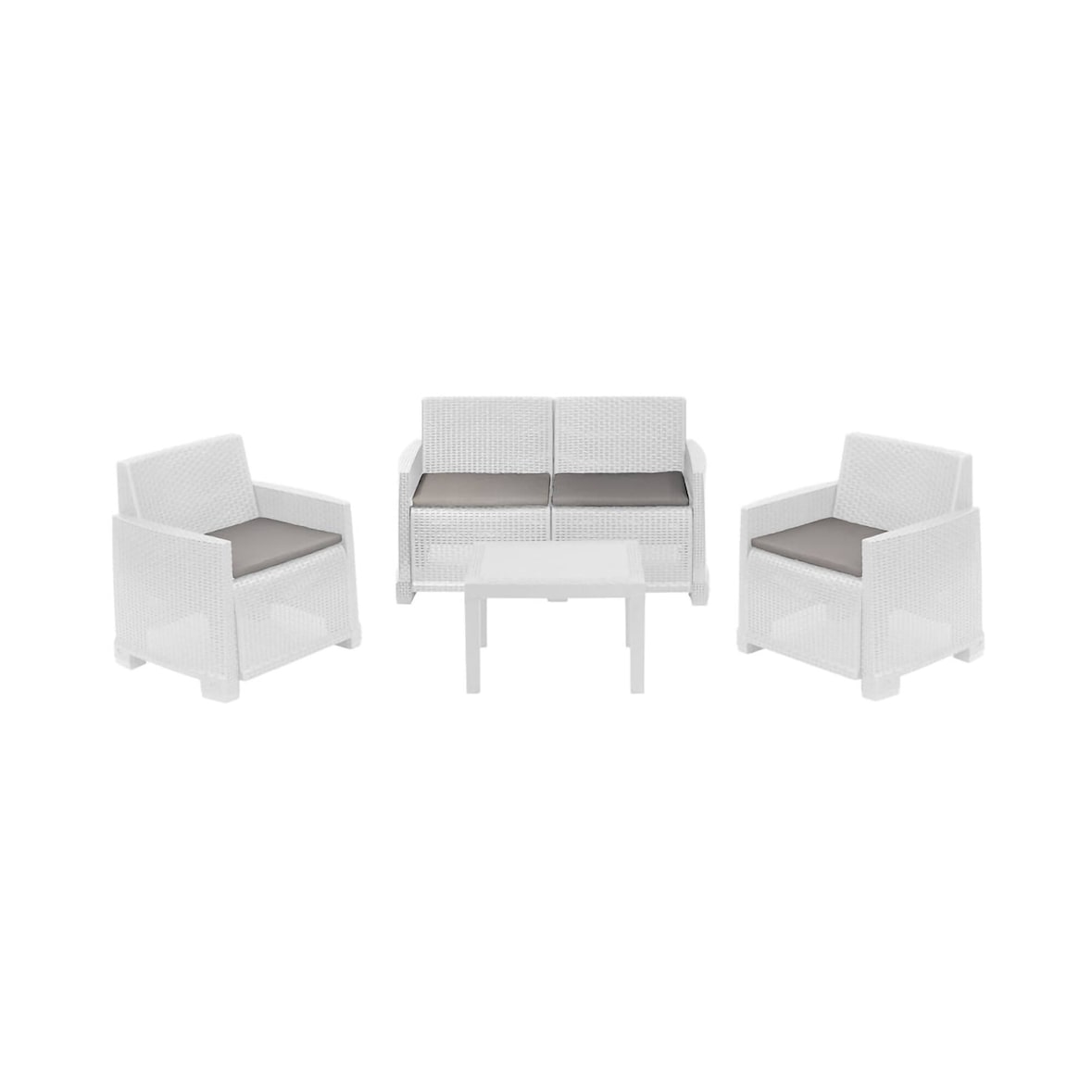 Dmora Outdoor-Lounge-Set Dbagnolin, Gartenkomposition mit 2 Sesseln, 1 Sofa und 1 Couchtisch, Rattan-Effekt mit Kissen, 100 % Made in Italy, Weiß