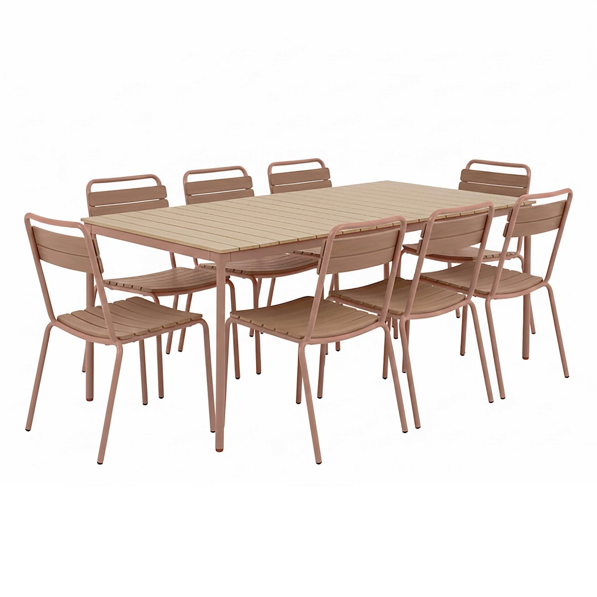 Ensemble table de jardin en métal et bois et 8 chaises marron