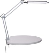 Eine silberne Schreibtischlampe mit einem runden Sockel.