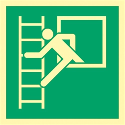 Aufkleber Notausstieg mit Fluchtleiter, ISO 7010, Folie, nachleucht., 160-mcd, 148x148 mm