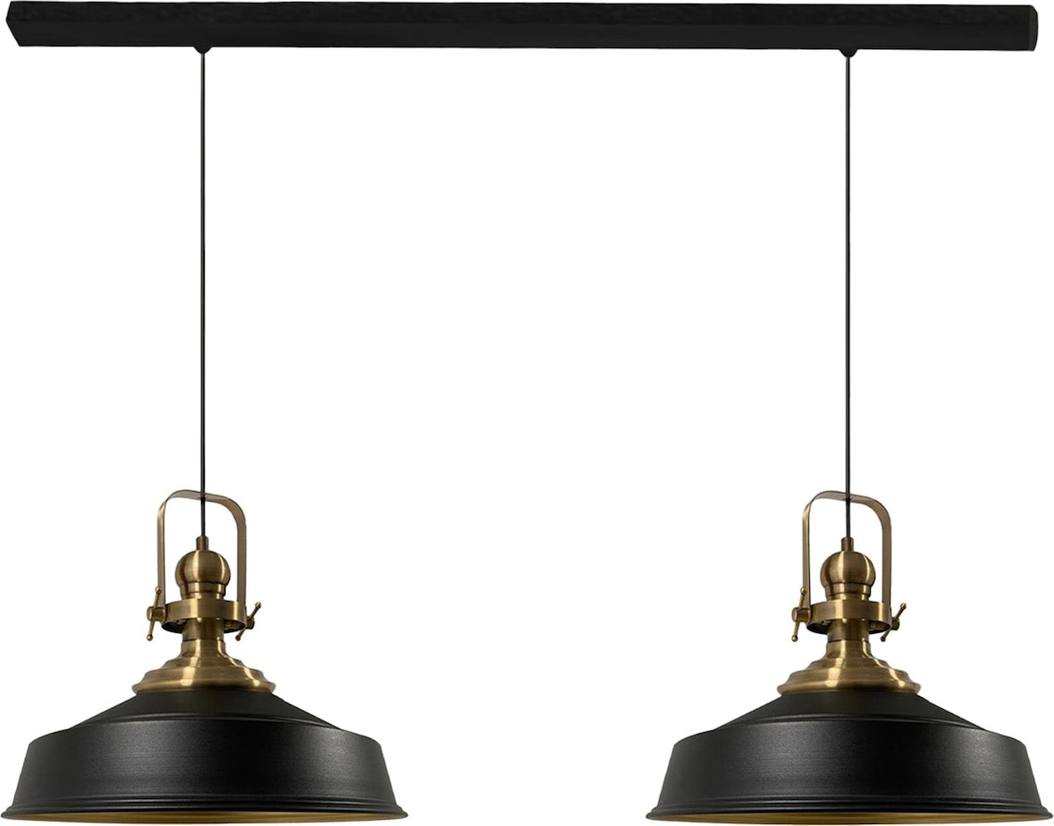 Zwei schwarze Lampen mit Messingdetails.