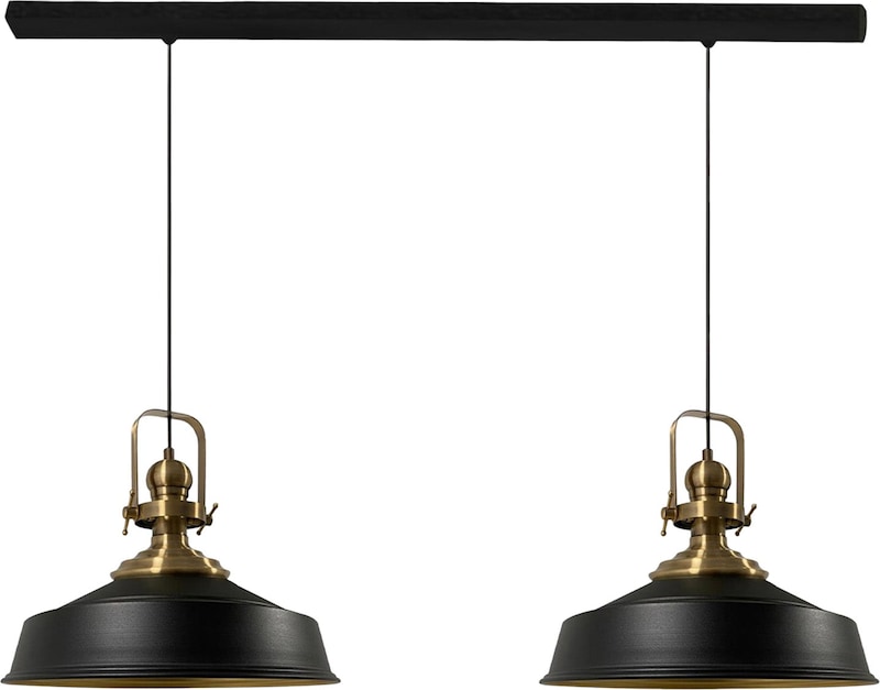 Zwei schwarze Lampen mit Messingdetails.